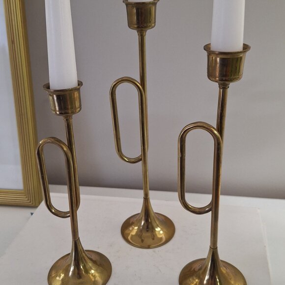 3 Vintage Brass Candle Holders Christmas horn taper candlestick - Picture 4 of 5